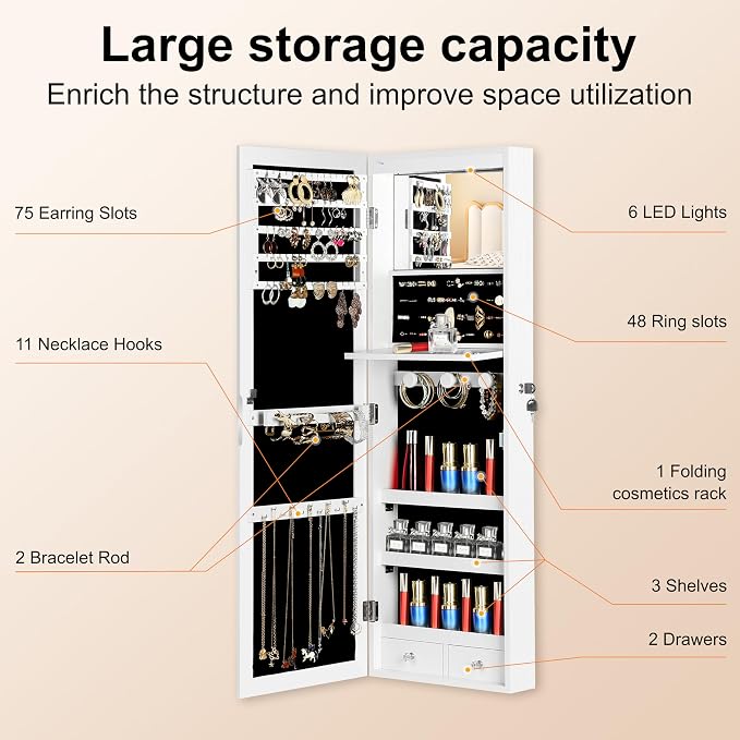 Mirror Jewelry Cabinet, Wall/Door Mounted Jewelry Armoire with Full-Length Mirror, Hanging Jewelry Organizer with LED Interior Lights, White - Image 4