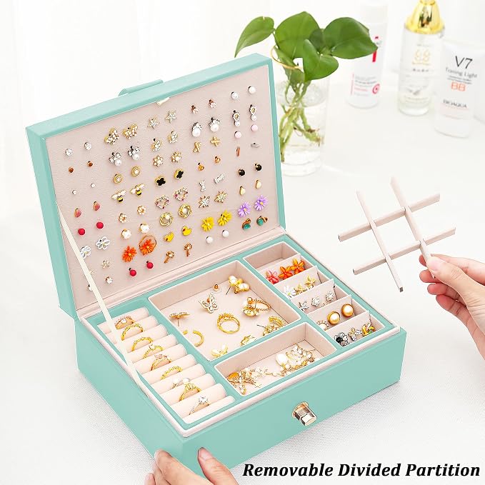 Earrings Jewelry Box for Girls, Large Capacity Jewelry Organizer with 40-Pair Earring Board, 2-Layer Leather Jewelry Storage Box for Necklaces Rings Bracelets with Removable Tray(Gift Idea),Turqueoise - Image 4