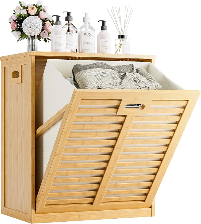 HITNET Tilt Out Laundry Hamper, Bamboo Laundry Cabinet with Hidden Removable Basket, Freestanding Clothes Storage organizer for Bedroom, Bathroom, Living Room, Natural by HITNET