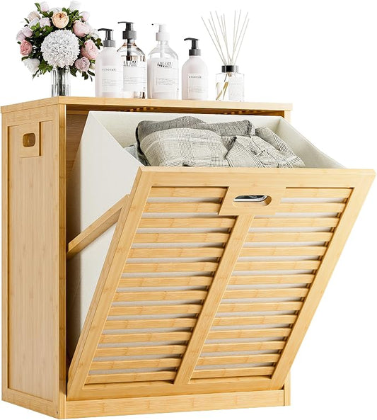HITNET Tilt Out Laundry Hamper, Bamboo Laundry Cabinet with Hidden Removable Basket, Freestanding Clothes Storage organizer for Bedroom, Bathroom, Living Room, Natural by HITNET