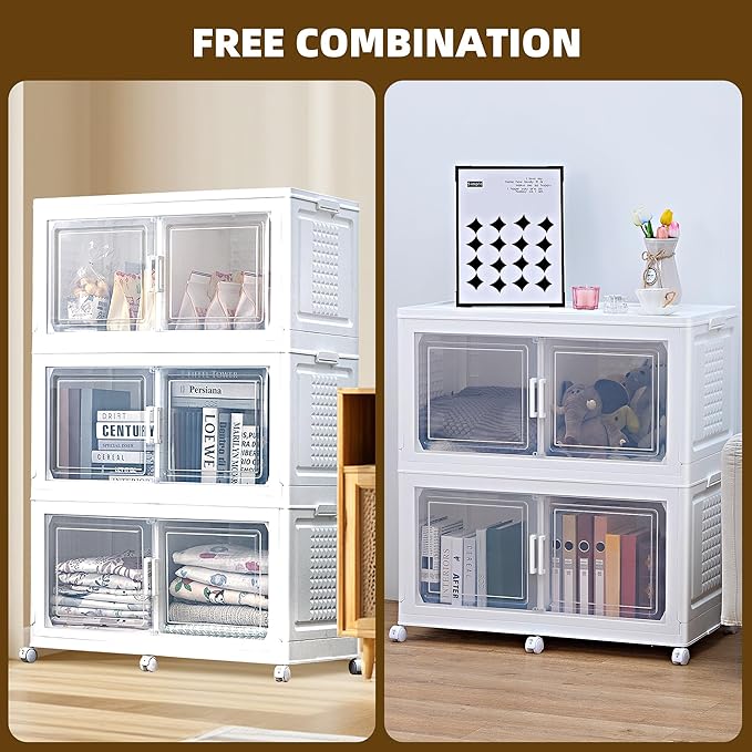 FINCHESCLUB 568QT/141Gal XL Stackable Storage Bins with Lids, Foldable Storage Bins with Doors, Wheels, and Lights - Collapsible Closet Cabinets for Home Office, 3 Pack - White