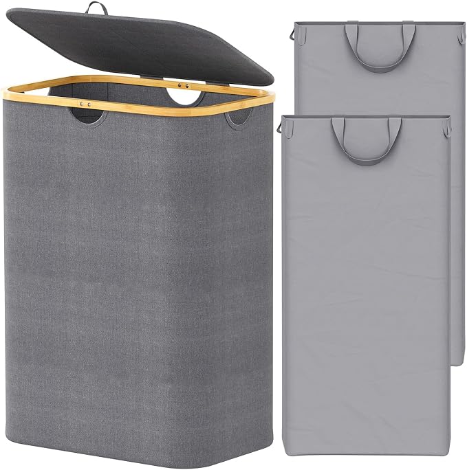 SpaceAid Double Laundry Hamper 2 Section with Lid and Removable Laundry Bags, 160L Clothes Basket with Bamboo Handles, Large Collapsible Hamper for Bedroom, Bathroom, Dorm, Laundry Room - Grey by SpaceAid
