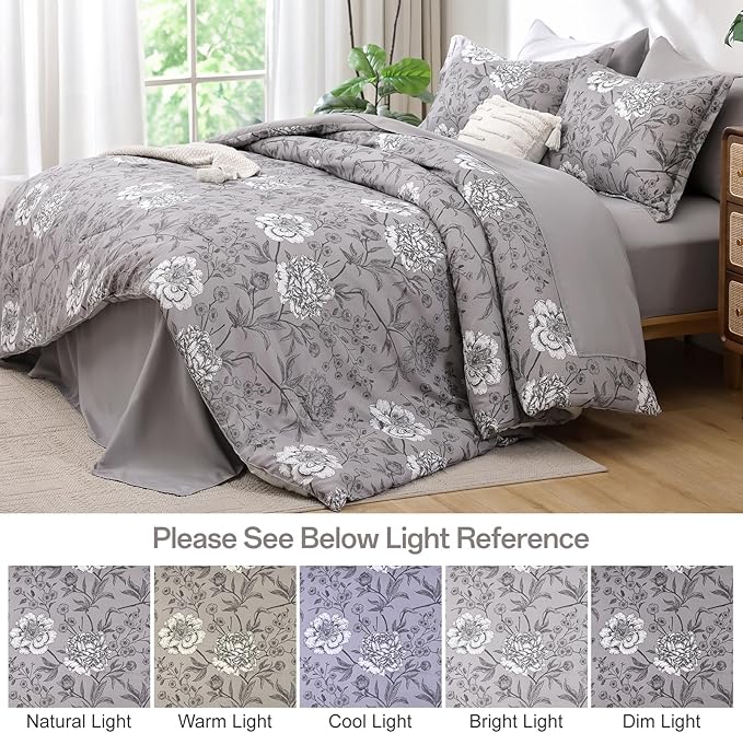 Yiran 7 Piece Bed in a Bag Queen Grey Comforter Set White Floral Bedding Set Flower Leaves Botanical Soft Microfiber Comforter with Flat Sheet Fitted Sheet for All Season(Queen 90"×90")