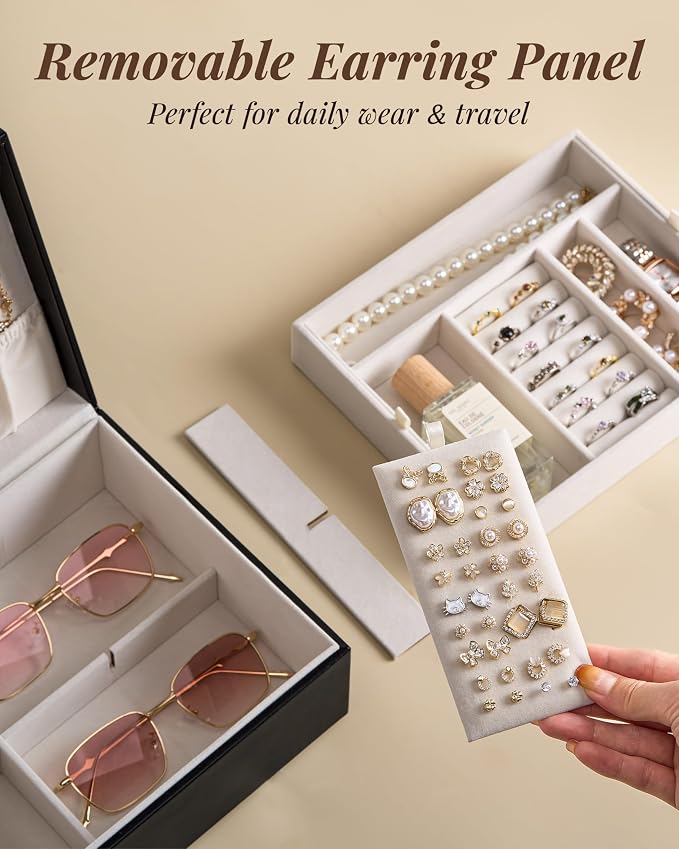 pickpiff 2 Layer Jewelry Box Organizer for Women, Jewelry Organizer with Handle & Removable Tray, Necklace Holder Ring Earring Storage, Velvet Lined Jewelry Case for Home or Travel, Gift Ready, Black - Image 2