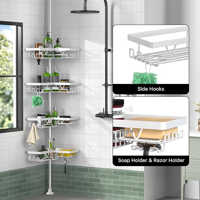 KEGII Corner Shower Caddy Tension Pole - 4-Tier Rustproof Bathroom Organizer, Floor to Ceiling Shower Caddy 25-114.2 inch, No Drilling Shower Storage Rack for Shampoo, Towels (Matte White) | Rustproof, Bathroom Organizer, Shower Storage Rack, for Shamp... - Image 3