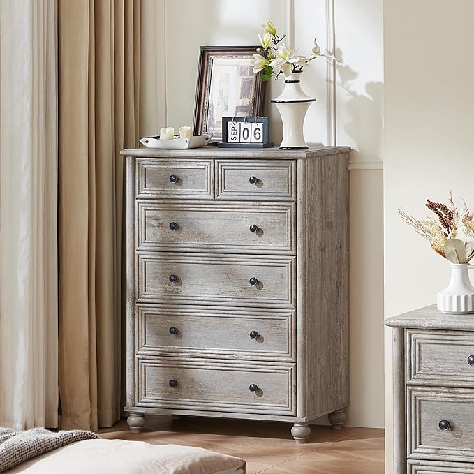 RWYHG Farmhouse 6 Drawer Dresser, Grey Chest of Drawers, 43.5" Tall Dressers for Bedroom with Roman Column and Metal Handles, Rustic Wood Storage Organizer for Living Room, Hallway, Closet