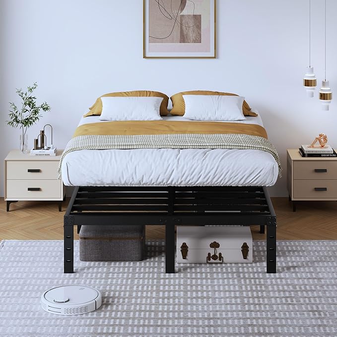 SHOANED Full Metal Bed Frame - 14 Inch Tall Heavy Duty Bedframe Black Basic Steel Slats Platform No Box Spring Needed/Easy Assembly/Noise Free