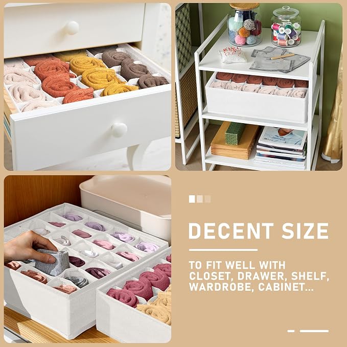 Criusia 3 Pack Sock Underwear Drawer Organizer Dividers, 64 Cell Fabric Foldable Cabinet Closet Organizers and Storage Boxes for Storing Socks, Panties, Ties (16+24+24 Cell, White) - Image 4