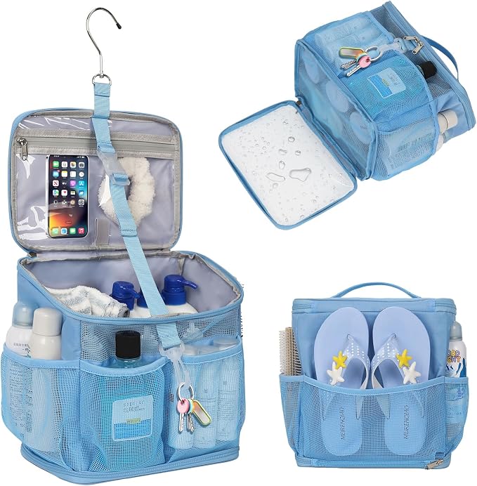 CUBETASTIC Shower Caddy Portable Mesh Shower Tote for Bathroom, Gym, Travel, Camping - Quick Dry Hanging Organizer Toiletry Bag with Handle for College Dorm Room, Men & Women (A# Blue, 9.8") by CUBETASTIC