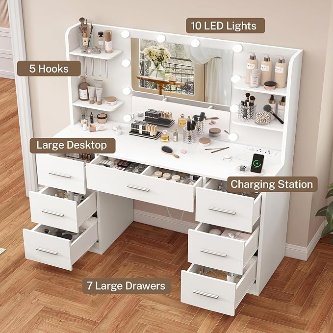 FIONESO Vanity Desk with LED Light Mirror & Power Outlet, 3 Adjustable Light Color, Makeup Vanity with 7 Drawers, 4 Shelves, 5 Jewel Hooks, White Vanity for Bedroom, Girls Vanity