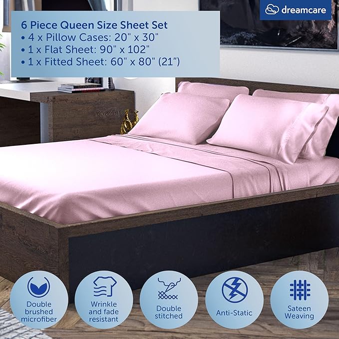 DREAMCARE Queen Sheet Set - 6 pcs Breathable Cooling Bed Sheets - up to 21" Extra Deep Pocket Queen Sheets Set with Side Pockets - Extra Soft 100% Brushed Hypoallergenic Hotel Luxury Bedding - Pink