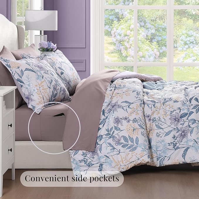 CASAAGUSTO Queen Comforter Set, 7 PCS Purple Iris Floral Comforter Set with Flowers Leaves Pattern, Soft Seersucker Design All Season Queen Size Bedding Set(90"X90")