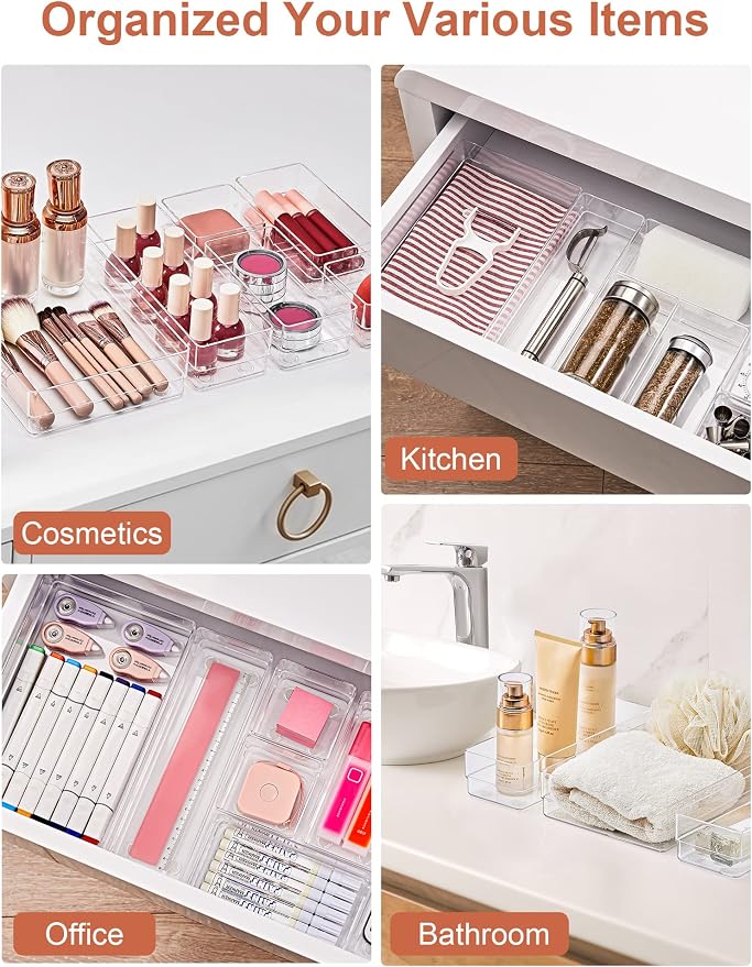 SMARTAKE 29-Piece Drawer Organizer with Non-Slip Silicone Pads, 4-Size Desk Drawer Organizer Trays Storage Tray for Makeup, Jewelries, Utensils in Bedroom Dresser, Office and Kitchen (Clear) - Image 6