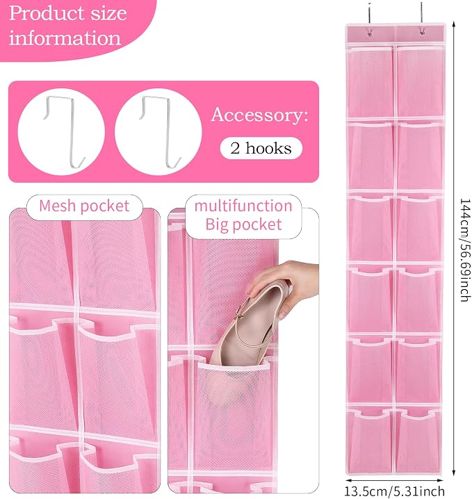 GOMAJI Over the Door 12 Pocket Hanging Shoe Organizer, Pink - Image 4