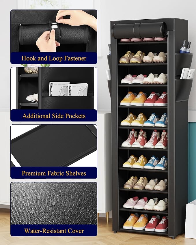 Kitsure Shoe Rack - 10-Tier Large Capacity Shoe Organizer Shelf with Dust Cover & Side Pockets, Rust-Proof Metal Shoe Rack for Closet, Entrance, Living Room, 17.5" x 12.4" x 69.3", Black - Image 5