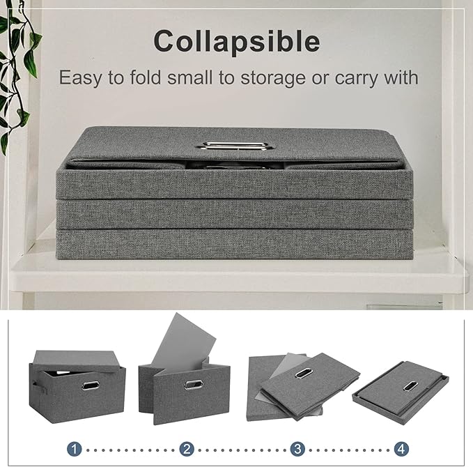 Graciadeco Medium 15" 21 Quart Collapsible Stackable Storage Bins with Lids, 3 Packs Grey Foldable Fabric Closet Boxes Heavy-duty Linen Cube Baskets Container for Bedroom Office (15 x 11 x 8) - Image 4
