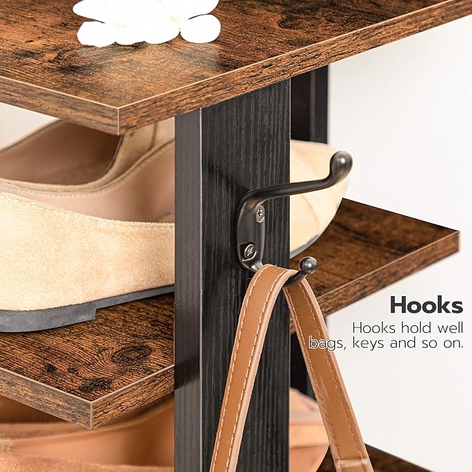 HOOBRO 8 Tiers Vertical Shoe Rack, Wooden Shoe Storage Organizer with Hooks, Narrow Shoe Tower for 8 Pairs, Space Saving, for Entryway, Living Room, Bedroom, Rustic Brown BF07XJ01G1 - Image 7
