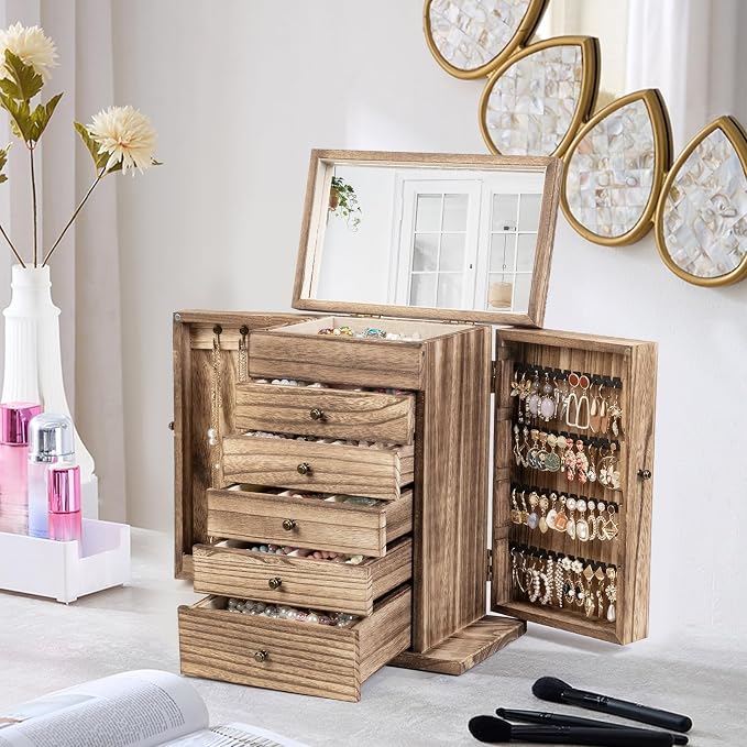 Emfogo Wooden Jewelry Box for Women, 6-Tier Large Jewelry Organizer Boxes with Mirror Rustic Solid Wood jewlery Storage Display for Rings Earrings Necklaces Bracelets watches(Carbonized Brown) - Image 8