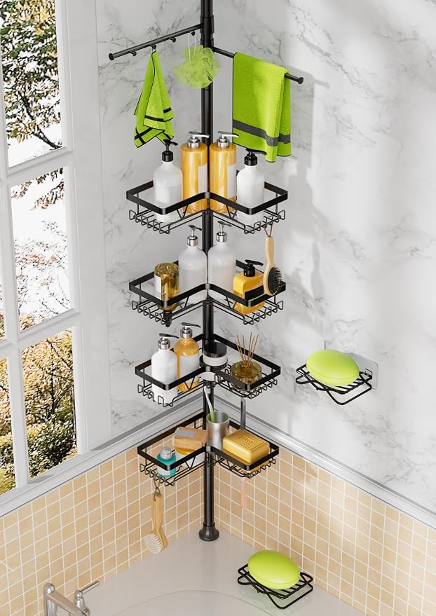 DAOYA Shower Caddy Tension Pole, 4 Adjustable Corner Shower Caddy with 2 Towel Bars & 2 Soap Holders, Expands 25 to 114.2 Inches, Black Stainless Steel for bathroom/Tub/Corner by DAOYA