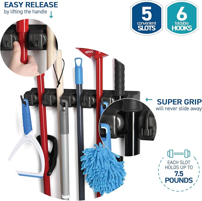 2 Pack Mop and Broom Holder Wall Mount - Garage Storage Organizer with 5 Slots, 6 Hooks, 7.5lbs Capacity Per Slot - Home, Kitchen, Closet, Laundry Room Organization – Black Broom Hanger - Image 5