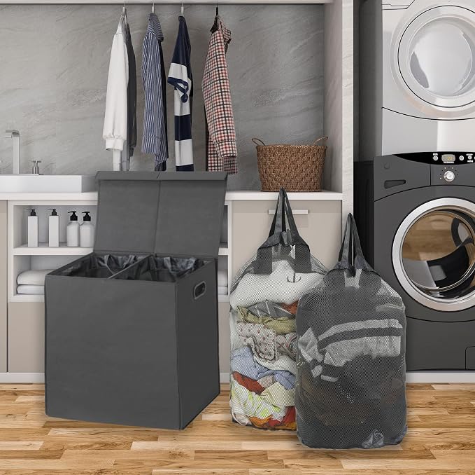 Simple Houseware Double Laundry Hamper with Lid and Removable Laundry Bags, Dark Grey - Image 2