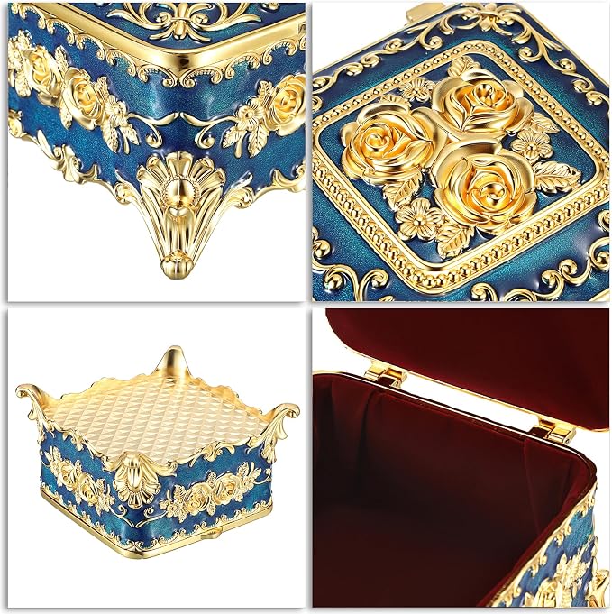 Hipiwe Metal Jewelry Box Decorative Trinket Chest Rectangular Treasure Display Case Keepsake Organizer for Earrings Ring Holder, Blue, 5.1" L x 5.1" W x 3.1" H - Image 8