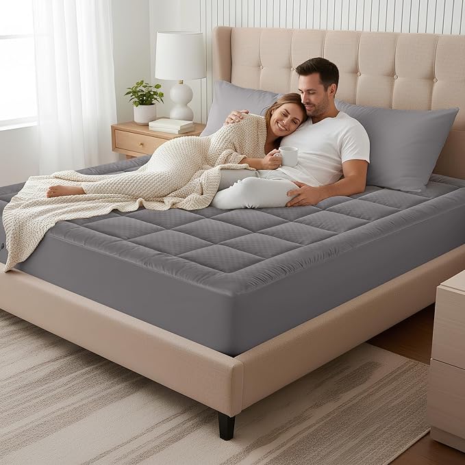OLANLY Queen Quilted Fitted Mattress Pad, Elastic Fitted Mattress Topper, Cooling Soft Mattress Cover Stretches up to 21 Inches Deep, Machine Washable Mattress Protector (60x80 inch, Dark Grey)