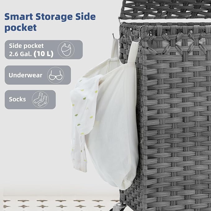Laundry Hamper with Lid, 160L Rattan Wicker Laundry Basket with Wheels, Handwoven Laundry Hamper 2-Section with Storage shelf(42.3 Gal), Laundry Sorter Basket with Removable Liner, Grey HLH032G - Image 5