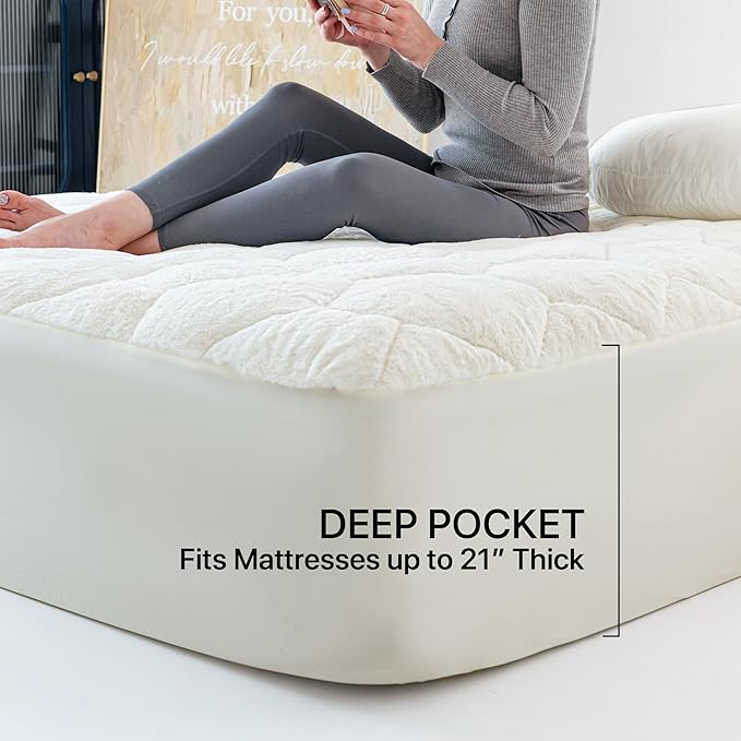 Faux Fur Mattress Pad Quilted Fitted Mattress Cover, Fluffy Warm Soft Breathable Mattress Protector, Mattress Topper with 8-21" Deep Pocket (White, King)