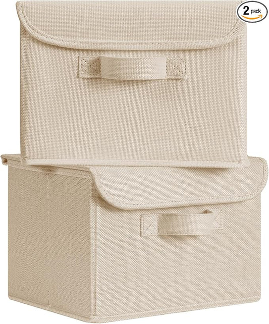 GRANNY SAYS Small Storage Bins with Lids, Small Storage Boxes, Shelf Baskets for Shelf, Collapsible Storage Bins for Living Room, Bedroom, 10x8x7 Inch, Khaki, 2-Pack by GRANNYSAYS