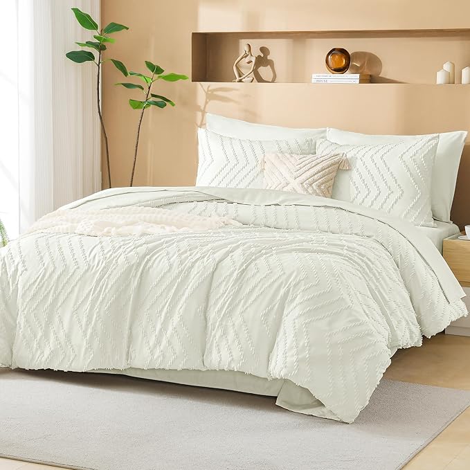 Litanika Ivory King Size Comforter Set with Sheets - 7 Pieces Bed in a Bag King Boho Tufted Complete Bedding Sets with Comforter, Sheets, Pillowcases & Shams