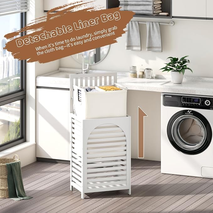 FILWH Laundry Hamper with Lid (16.9 * 13 * 26.5inches) Large Bamboo Laundry Bin Basket 85L Clothes Hamper with 1 Removable Bag Storage baskets for Bathroom (White) - Image 7