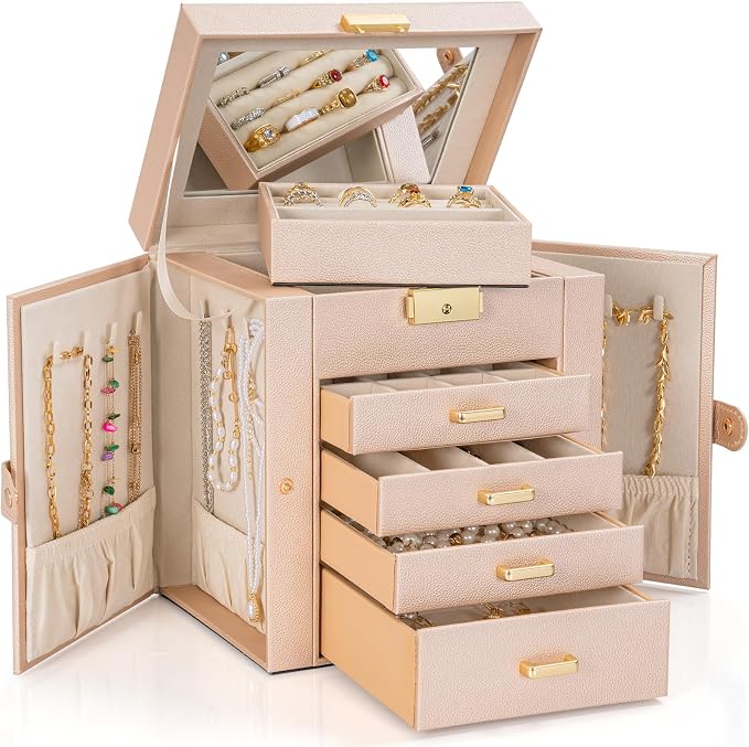 AKOZLIN 5-Tier Jewelry Box Leather Jewelry Storage Organizer with 4 Drawers Lockable for Women Girls Ring Necklace Earring Bracelet Watches Holder with Mirror Champagne - Image 8