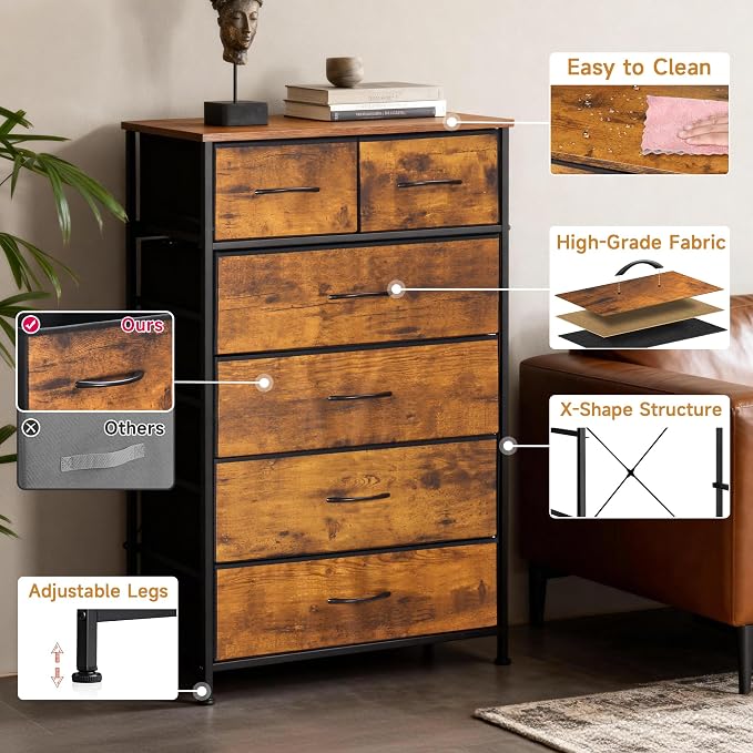 Mifuro Tall Dresser for Bedroom, Vertical Storage Organizer Tower with 6 Drawers, Chest of Drawers with Fabric Bins, Steel Frame, Wood Top for Bedroom, Closet, Entryway- Rustic Brown - Image 8