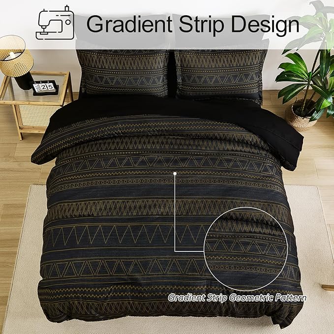 WONGS BEDDING King Size Comforter Set 7 Pieces, Boho Black Gold Geometric Striped Comforter for King Bed in a Bag, Soft Microfiber Bedding Set with Pillowcases, Flat Sheet, Fitted Sheet, Pillow Shams