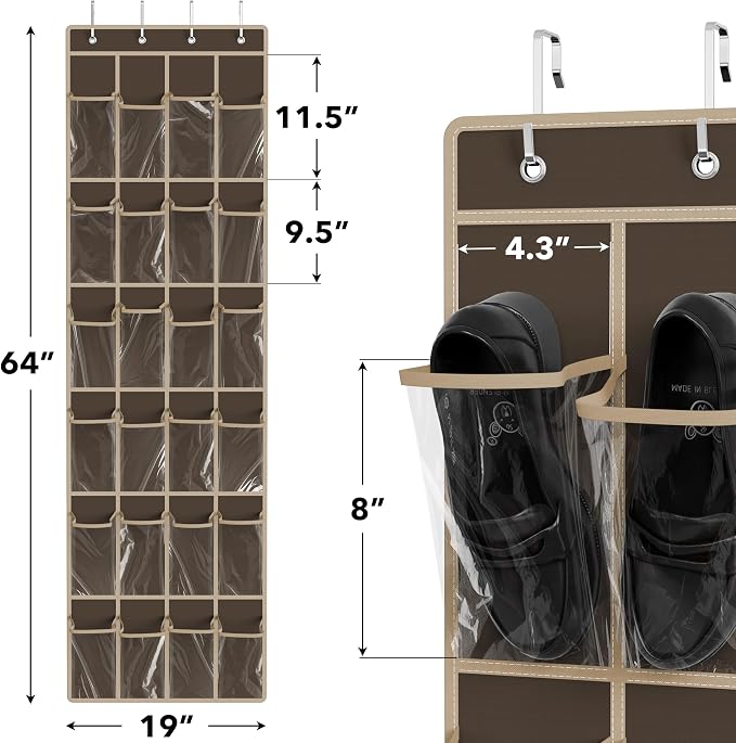 Simple Houseware 24 Pockets - Crystal Clear Over The Door Hanging Shoe Organizer, Brown (64'' x 19'') - Image 2