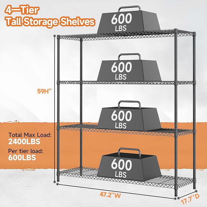 M MZG 2400LBS 47.3" W Stand Shelf Wire Rust-Proof Outdoor Storage Shelving 4-Tier Utility Shelving Unit for Garden Home,Kitchen,Office Dark Grey 17.7" D x 47.3" W x 59.4" H - Image 3