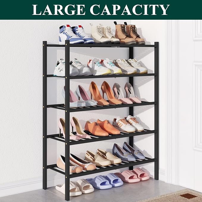 Smiry Bamboo Shoe Rack for Closet, 5 Tier Wooden Stackable Shoe Organizer, Free Standing Shoes Storage Shelf for Entryway, Front Door Entrance, Black - Image 5