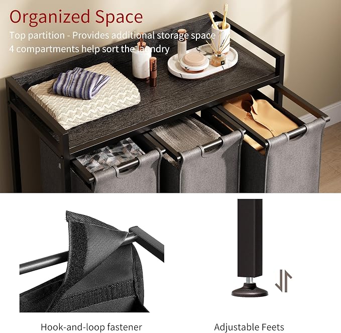 Herture Laundry Hamper with Shelf, Laundry Basket 3 Section, Laundry Sorter with Pull-Out Removable Large Bags and Movable Wheels, Metal Frame, 3 x 15.87 Gallons (60L), Black and Gray PF04XLC - Image 3