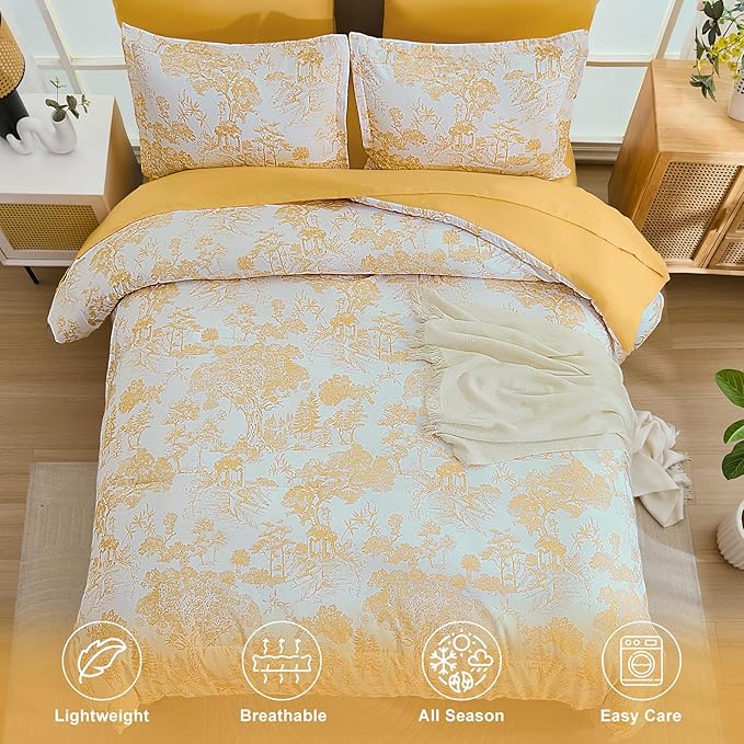DJY Queen Size Comforter Sets, Yellow Botanical Comforters with Sheets 7 Pieces Bed in a Bag Queen Elegant Plants Print Soft Microfiber Reversible Complete Bedding Sets for All Season