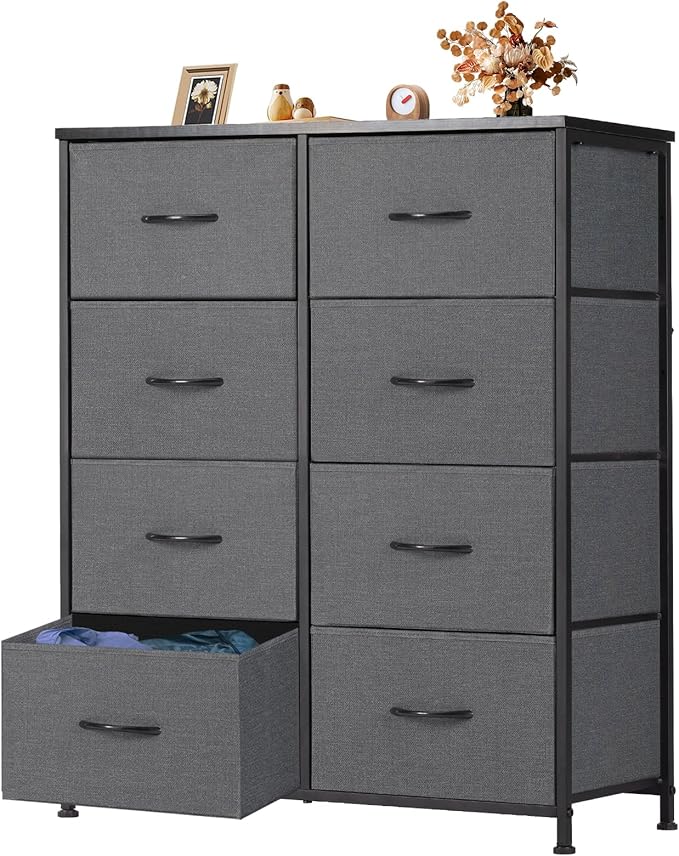 Sweetcrispy Dresser for Bedroom, Fabric Dresser with 8 Drawers, Chest of Drawers for Closet, Living Room, Sturdy Steel Frame, Wooden Top, Easy Pull Handle, Ash