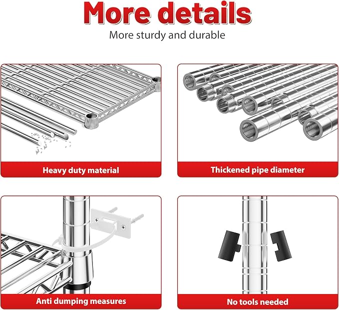 REIBII 73''H Storage Shelves 1660LBS Wire Shelving Unit with Wheels 5 Tier Metal Shelving,Heavy Duty Metal Shelves for Storage Rack,Commercial Industrial for Garage Kitchen 73''HX35''WX15''D,Chrome - Image 8