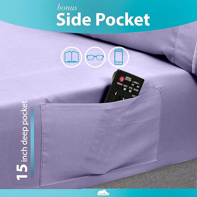DREAMCARE Full Size Sheets - 6 pcs Breathable Cooling Bed Sheets - up to 15" Deep Pocket Full Size Bed Sheets wth Side Pockets - Extra Soft 100% Brushed Hypoallergenic Hotel Luxury Bedding - Lavender