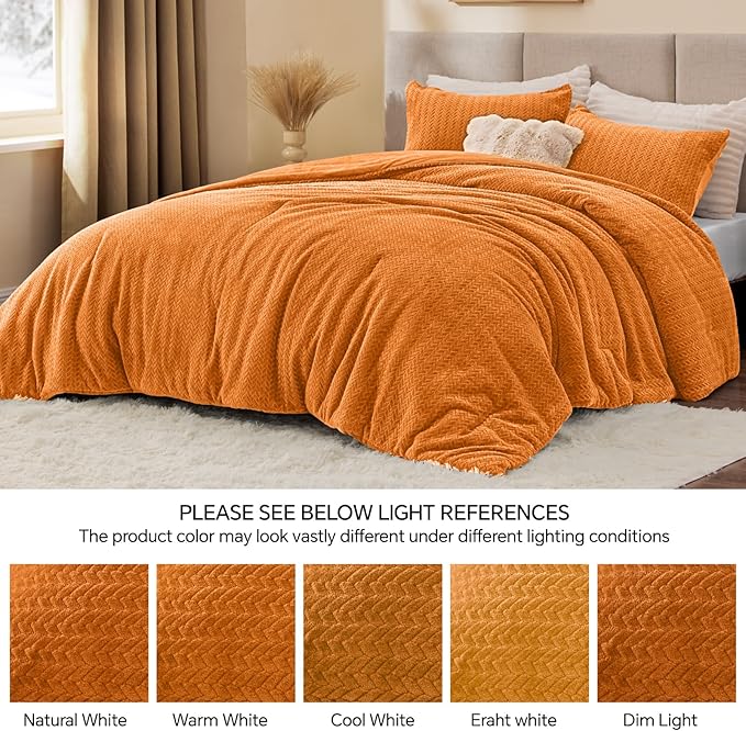 Flannel Fleece Queen Comforter Set - Furry Burnt Orange Leaves Pattern Faux Fur Bed Set, Winter Ultra Soft Fuzzy Comfort Set, Velvet Bedding Set for Bed with 2 Pillow Cases