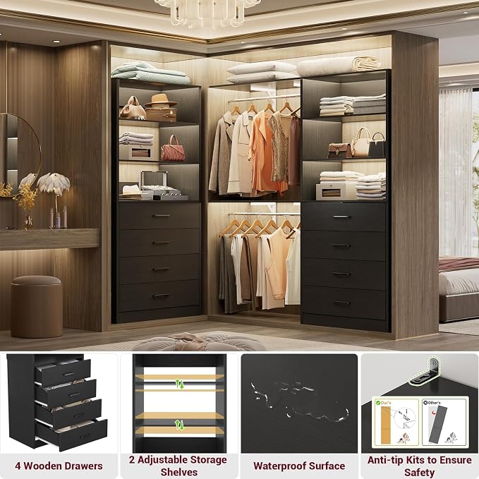 Aheaplus Closet Drawers System, 21.3" Wood Closet Organizer System with 4 Drawers, Modular Walk-in Closet System Storage Unit, Small Closets Wardrobe Rack, Tall Storage Cabinet Unit, Black - Image 3
