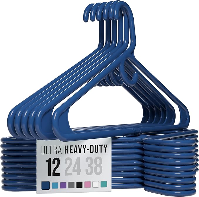 NEATERIZE Thick Heavy Duty Hangers - Navy Plastic Clothes Hangers 12 Pack - Great for Coat Hanger, Jackets Jeans & Suit Hanger for Closet - New Apartment Essentials Percheros Ganchos para Colgar Ropa by Neaterize