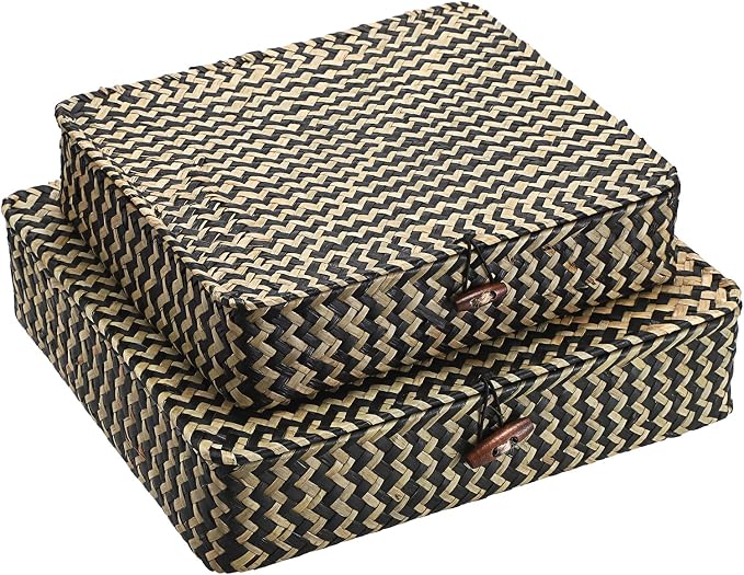 Hipiwe Woven Storage Basket with lid - Flat Wicker Storage Baskets Bins Natural Seagrass Storage Baskets Box for Shelf Home Decor, Set of 2, Blacks Strips by Hipiwe