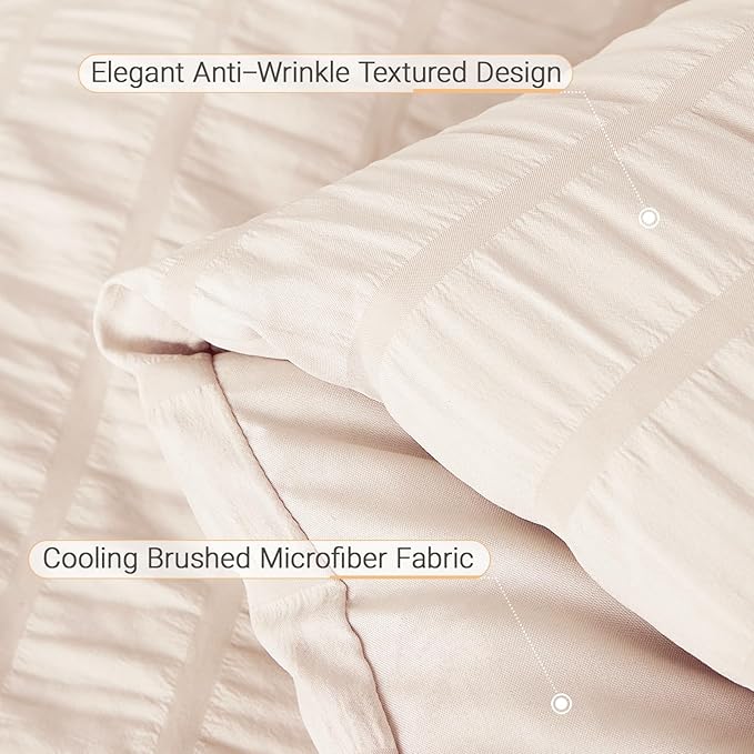 MUXHOMO 7 Pieces Full Comforter Set, Seersucker Bed in a Bag Full Size, All Season Luxury Bedding Set with Comforter, Flat Sheet, Fitted Sheet, Pillowcases & Shams, Beige