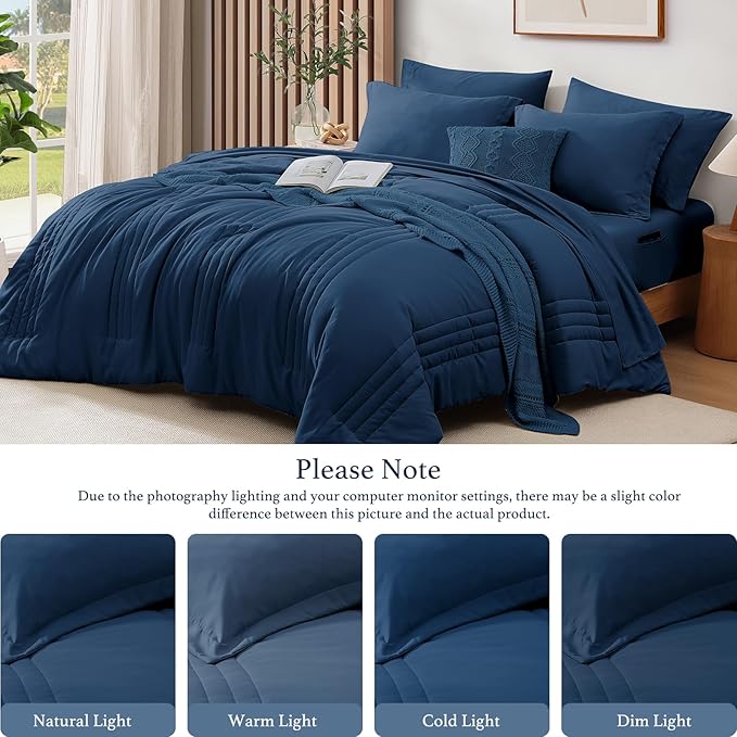 Monbix King Size Comforter Set - 7 Pieces Serenity Blue Bed in a Bag, King Size Bedding Sets with Comforters, All Seasons Comforter with Sheets,Pillowcases & Shams