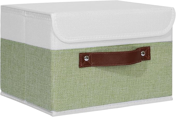 ANMINY Storage Boxes with Lids Washable Decorative Storage Bins Basket with PU Leather Handle Foldable Linen Fabric Storage Cubes Containers for Home Closet Organizer - Green White, Small Size by ANMINY